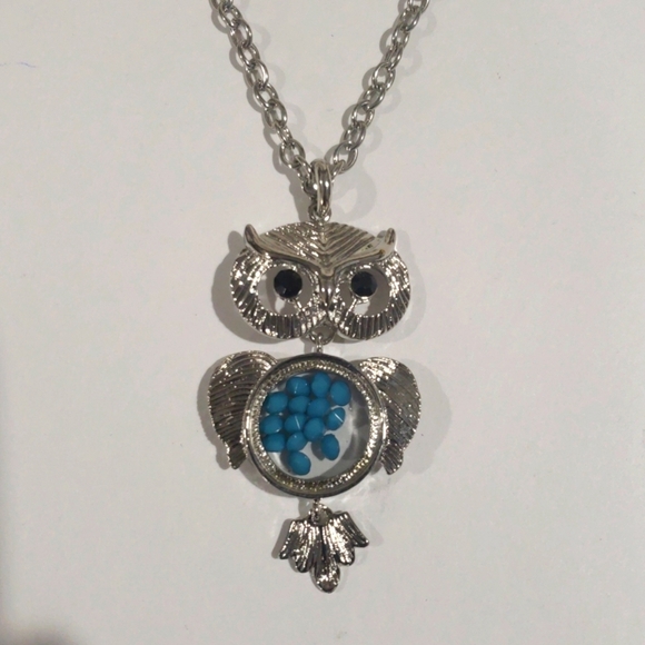 Elegant Silver Tone Owl Turquoise Beads Pendant Necklace Women's Fashion Jewelry - Picture 5 of 7